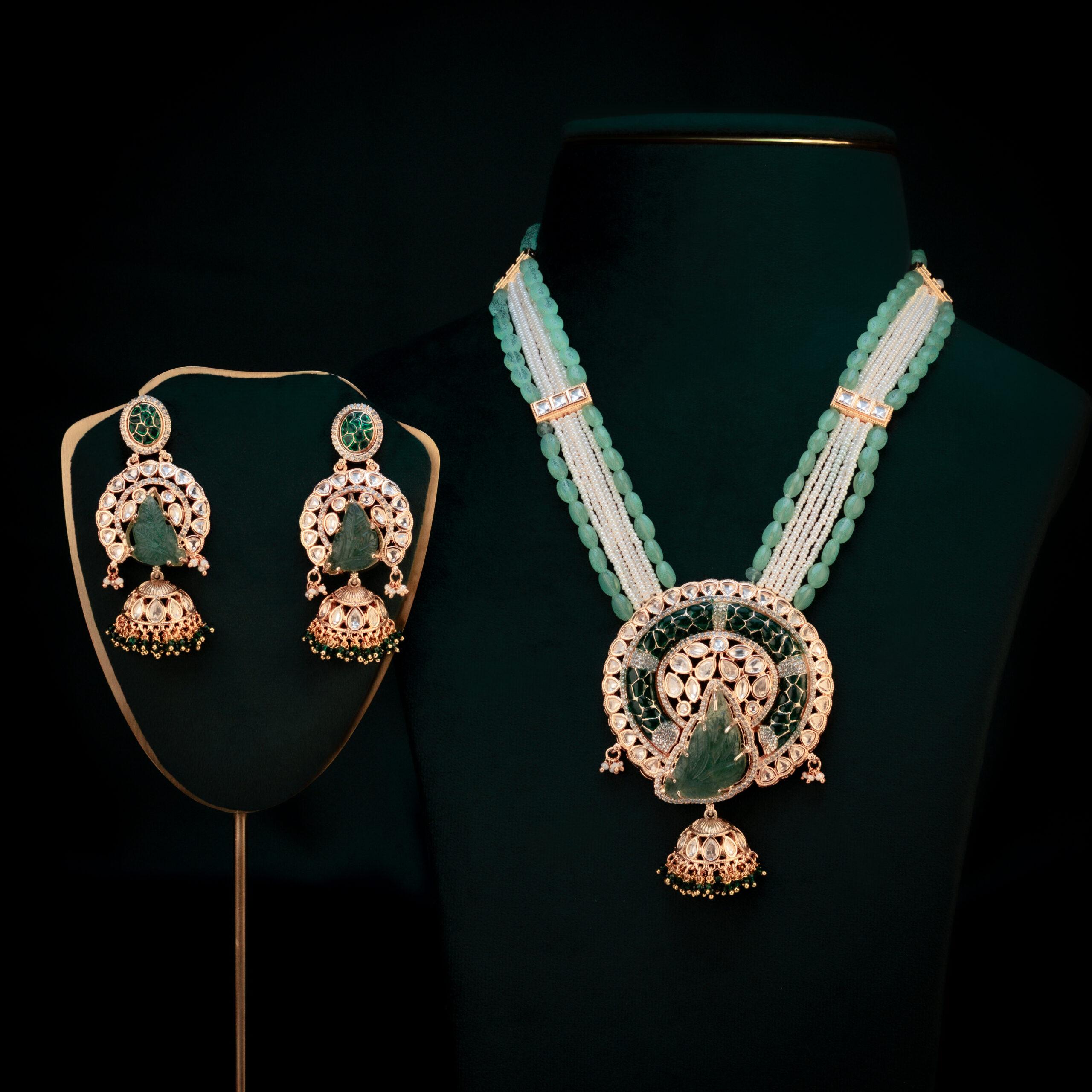 Jadau Panna Royal Set – Antique Gold Bridal Jadau Necklace Jewellery